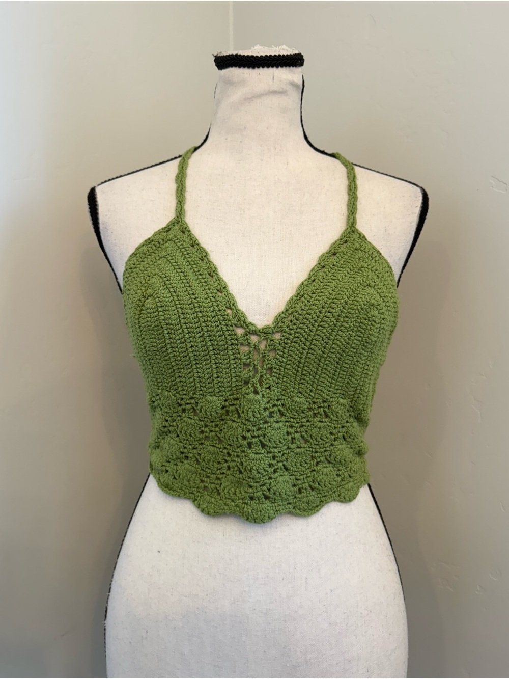 Lakhays Handmade Crochet Halter Top Green Cotton Boho Festival Swim Cover Up - Picture 8 of 13